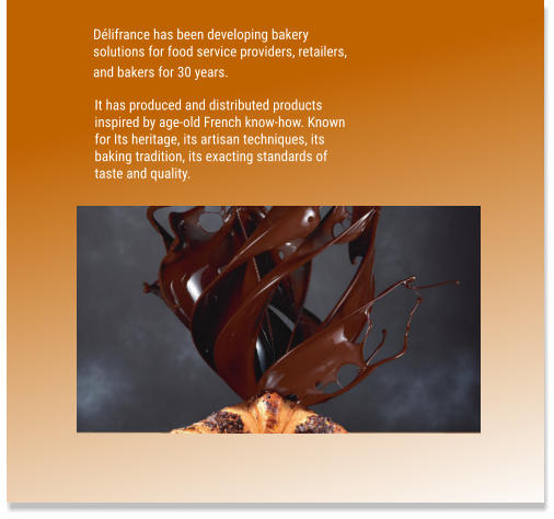 Délifrance has been developing bakery  solutions for food service providers, retailers,  and bakers for 30 years.  It has produced and distributed products  inspired by age-old French know-how. Known for Its heritage, its artisan techniques, its  baking tradition, its exacting standards of  taste and quality.
